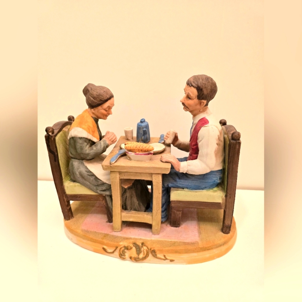 Vintage Ceramic Figurine Man & Woman Praying Eating Meal At Table 9.25"x7.5"